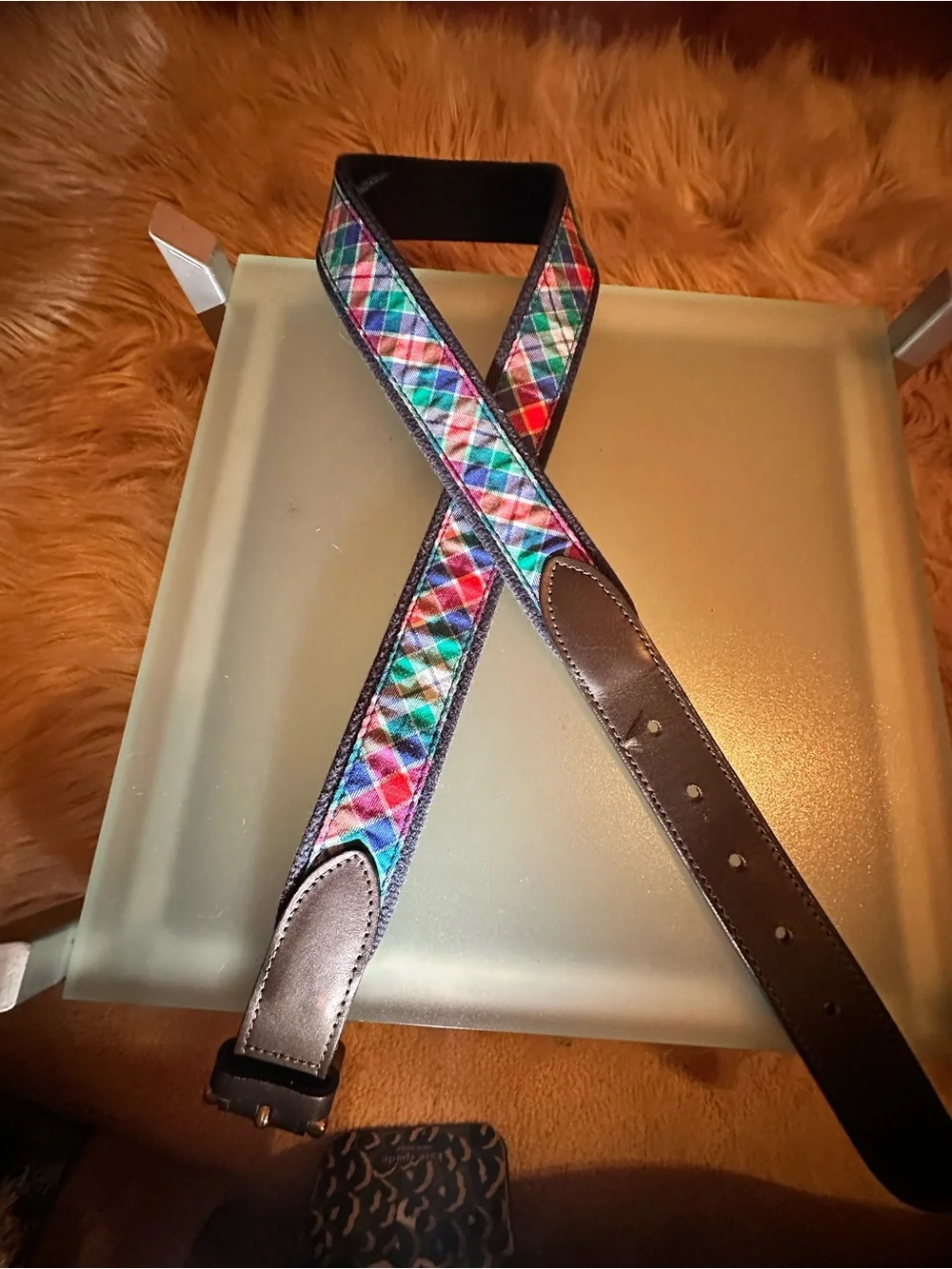 Vineyard Vines Multicolor Plaid Webbing Belt with Brown Leather Trim